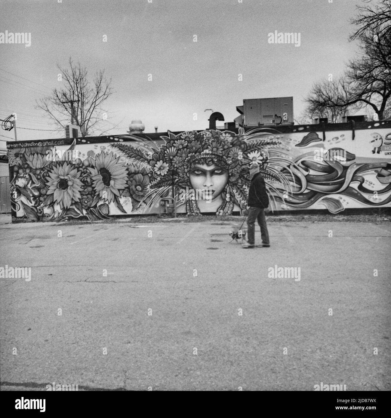 Arte di strada ornata dipinta 'Life Goddess' sulla facciata di un edificio, con un uomo che cammina il suo cane attraverso il parcheggio in primo piano,... Foto Stock