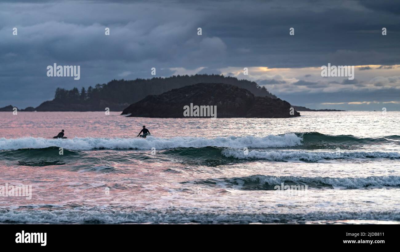 I surfisti si siedono sulle loro tavole da surf nella popolare destinazione di surf a Chesterman Beach, nel Pacific Rim dell'Isola di Vancouver Foto Stock
