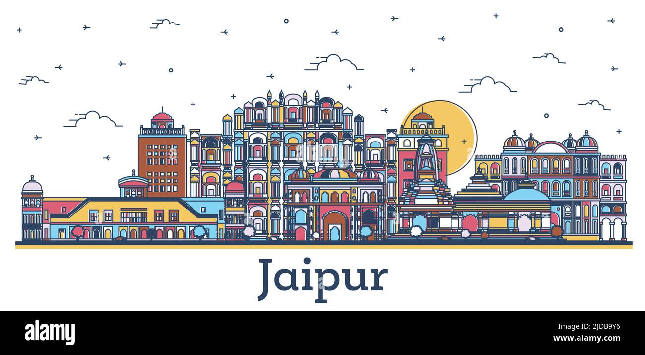 Profilo Jaipur India City Skyline con edifici storici colorati isolati su bianco. Illustrazione vettoriale. Jaipur paesaggio urbano con punti di riferimento. Illustrazione Vettoriale