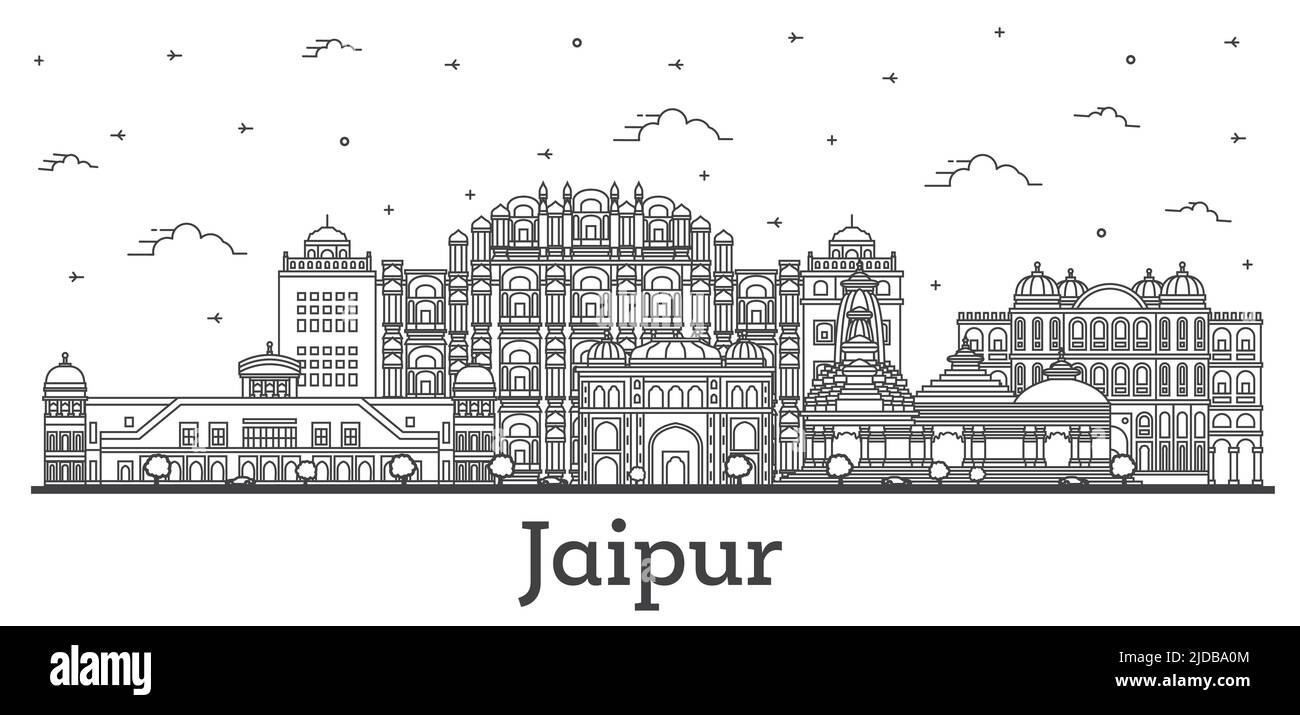Profilo Jaipur India City Skyline con edifici storici isolati su bianco. Illustrazione vettoriale. Jaipur paesaggio urbano con punti di riferimento. Illustrazione Vettoriale