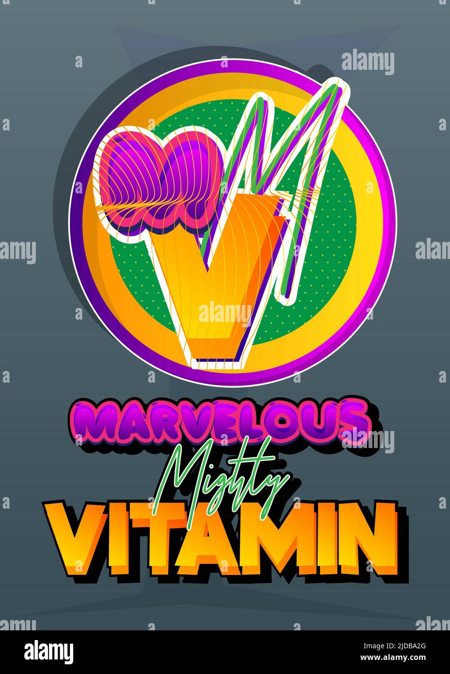 Stemma di supereroe che mostra una meravigliosa icona di Mighty Vitamin. Illustrazione vettoriale in stile fumetto colorato. Illustrazione Vettoriale