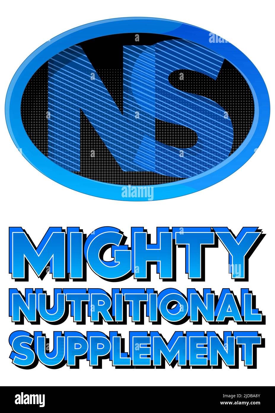 Stemma di supereroe che mostra l'icona di Mighty Nutritional Supplement. Illustrazione vettoriale in stile fumetto colorato. Illustrazione Vettoriale
