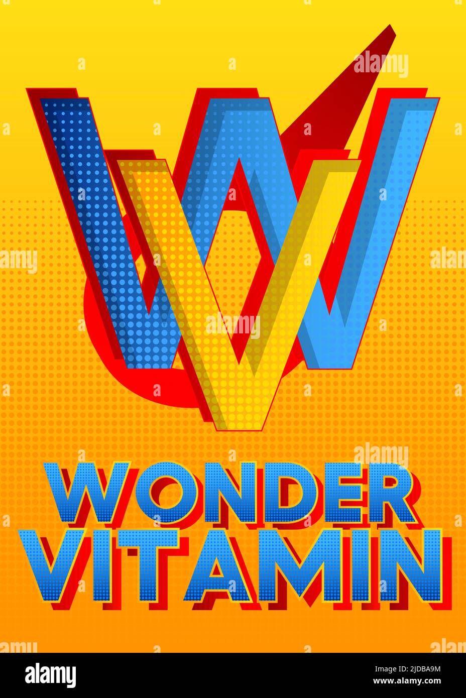 Stemma di supereroe che mostra Wonder Vitamin icona. Illustrazione vettoriale in stile fumetto colorato. Illustrazione Vettoriale