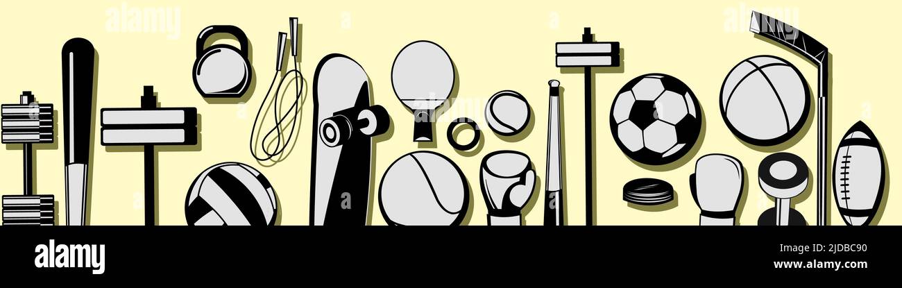 Attrezzature sportive per atleti. Bordo orizzontale inferiore senza giunture. Set di strumenti vettore. Illustrazione Vettoriale