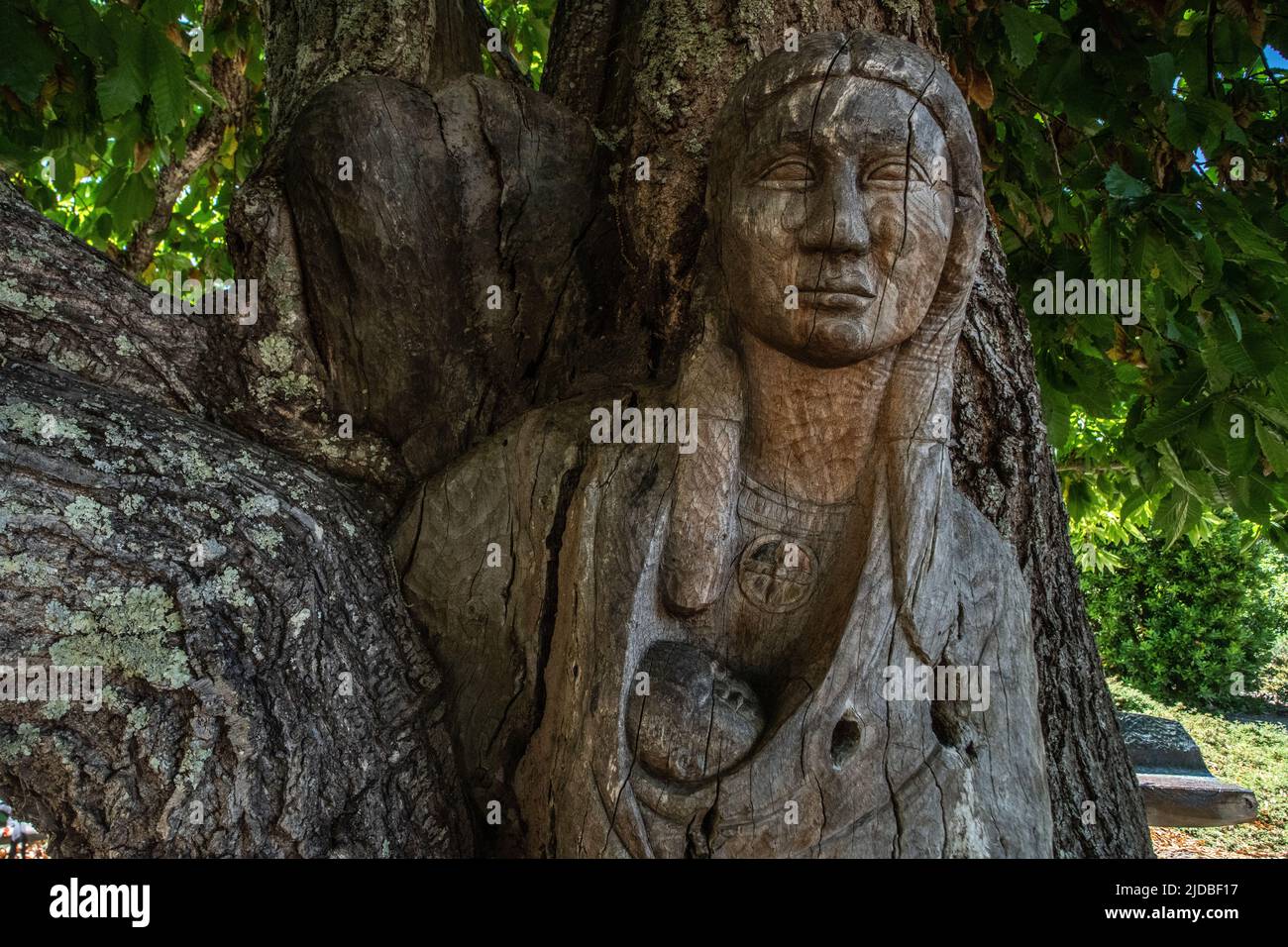 Madre e bambino statua americana nativa scolpita nel legno di un albero di castagno nel parco regionale Ragle ranch a Sebastopol, California. Foto Stock