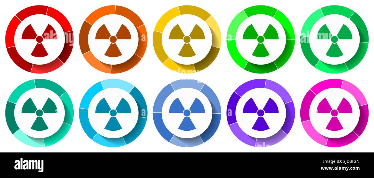Set di icone nucleari, illustrazione vettoriale del disegno piatto radioattivo in 10 colori per applicazioni mobili e webdesign Illustrazione Vettoriale