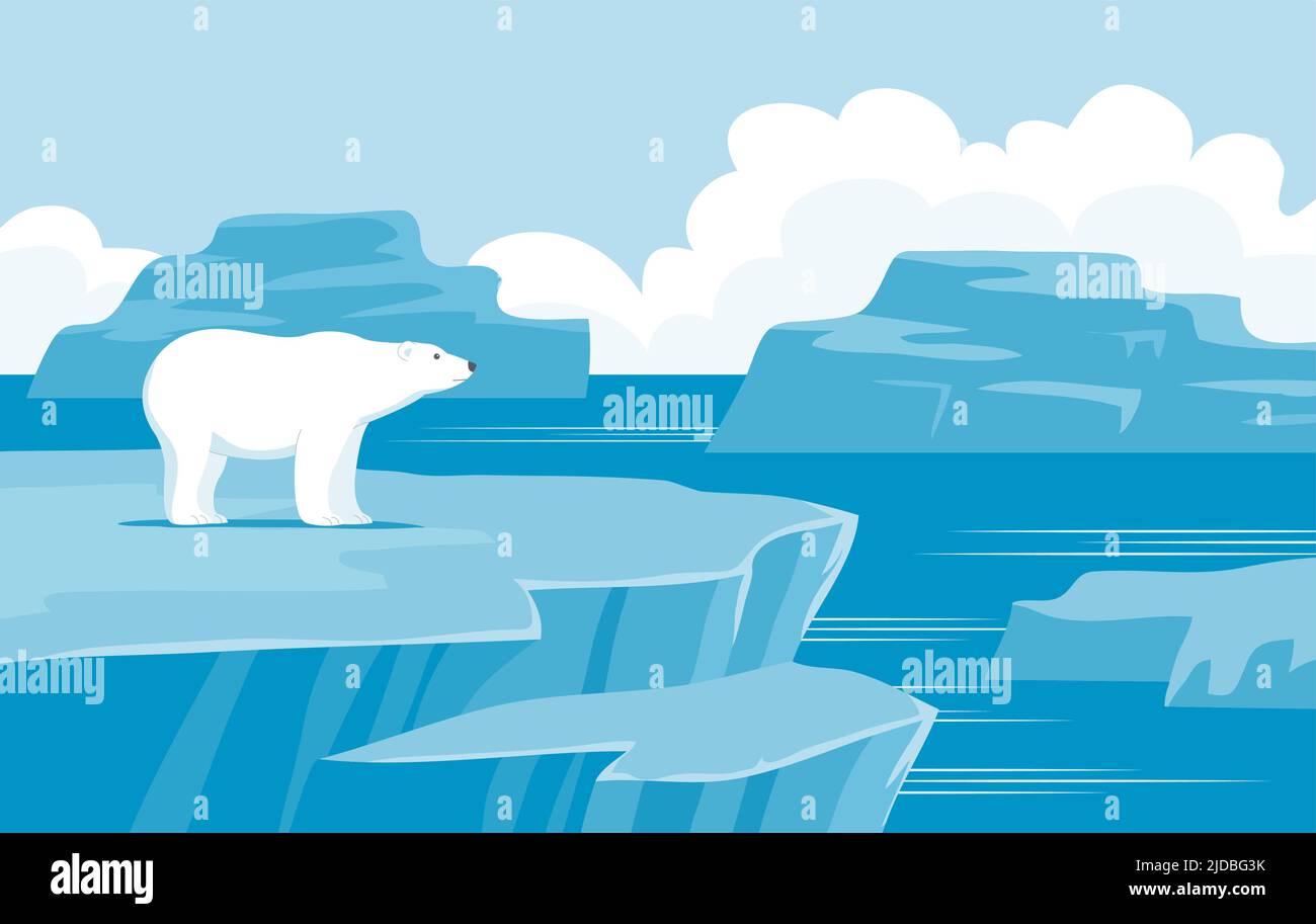 Grande orso bianco polare. Paesaggio ghiacciato freddo. Mammifero selvatico dell'Artico. Predatore animale forte. Lana bianca. Sfondo con galleggianti di ghiaccio. Fauna e zoo. Auto Illustrazione Vettoriale