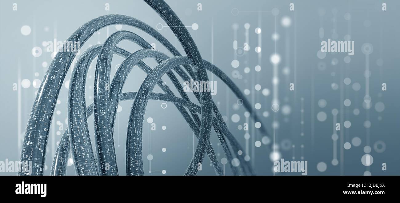 Spazio Internet di dati aperti. Flussi digitali globali e tecnologie cibernetiche strutturali. 3D illustrazione dei conduttori intrecciati delle informazioni codificate Foto Stock