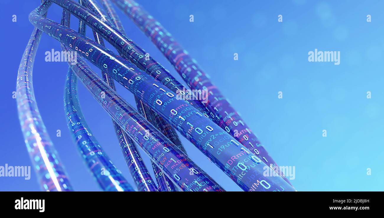 Connessione internet ad alta velocità. Illustrazione del flusso di dati codificati 3D. Analisi dei big data. Database protetti. Cyberspazio strutturato Foto Stock