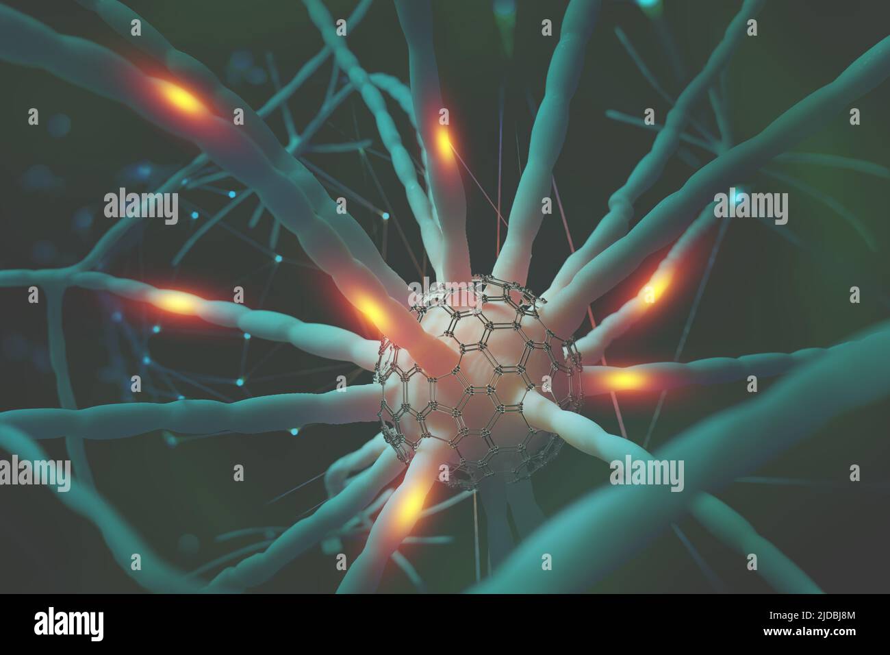 Reti neurali. Nanotecnologia nello studio del cervello umano. 3D illustrazione sul tema dell'intelligenza artificiale Foto Stock