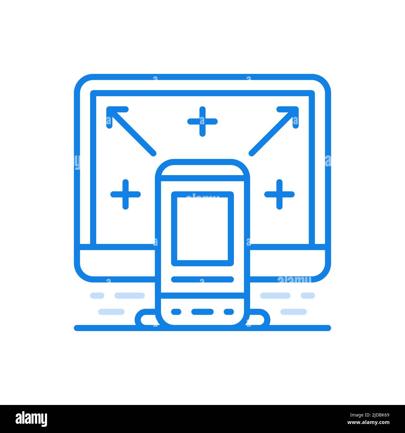 Icona della linea vettoriale per il trasferimento di file da dispositivi elettronici. Tecnologia online per il caricamento delle informazioni utente tra gadget intelligenti. Smartphone in background Illustrazione Vettoriale