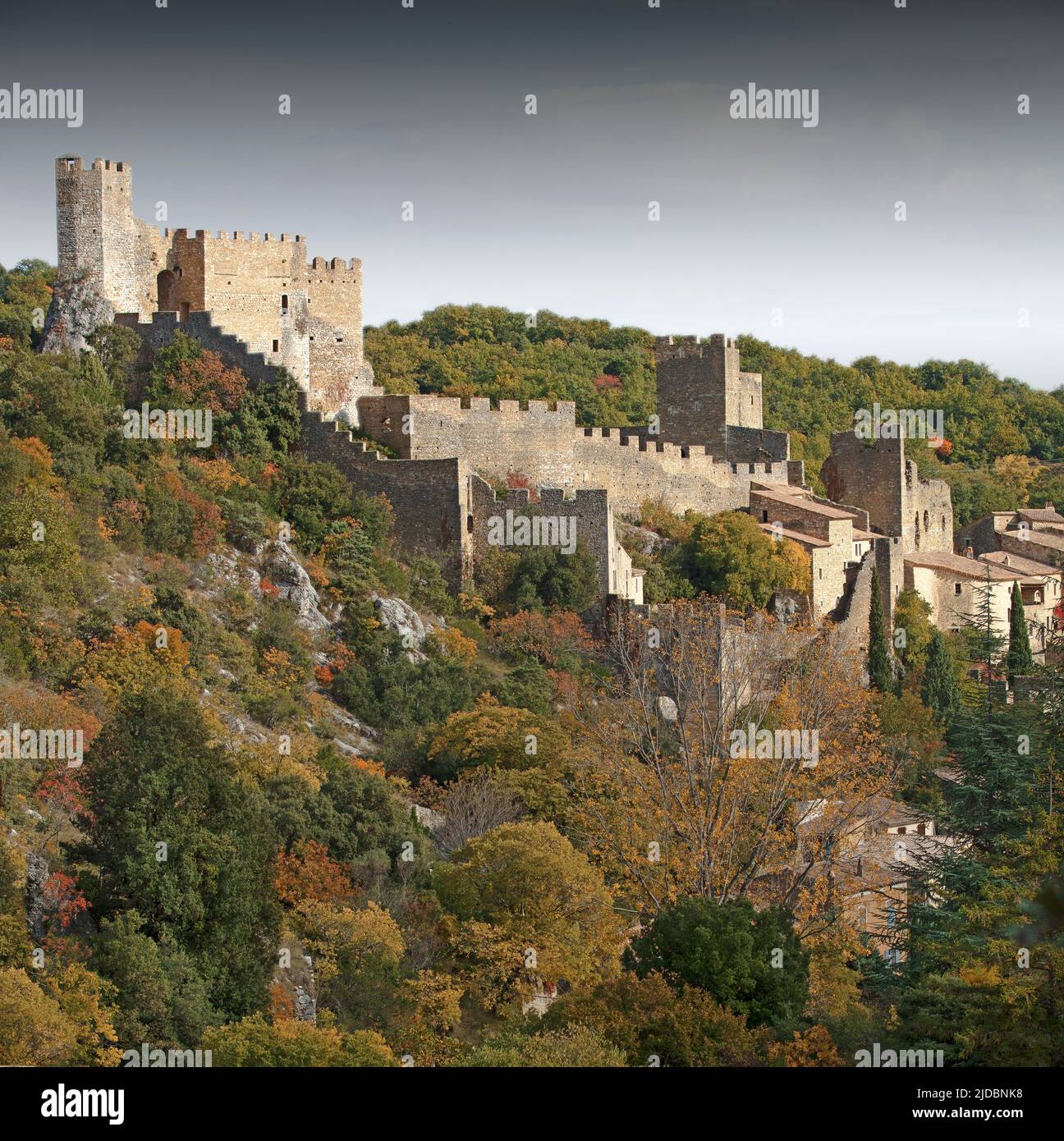 Francia, Ardèche Saint-Montan borgo medievale di carattere dominato da un castello feudale Foto Stock