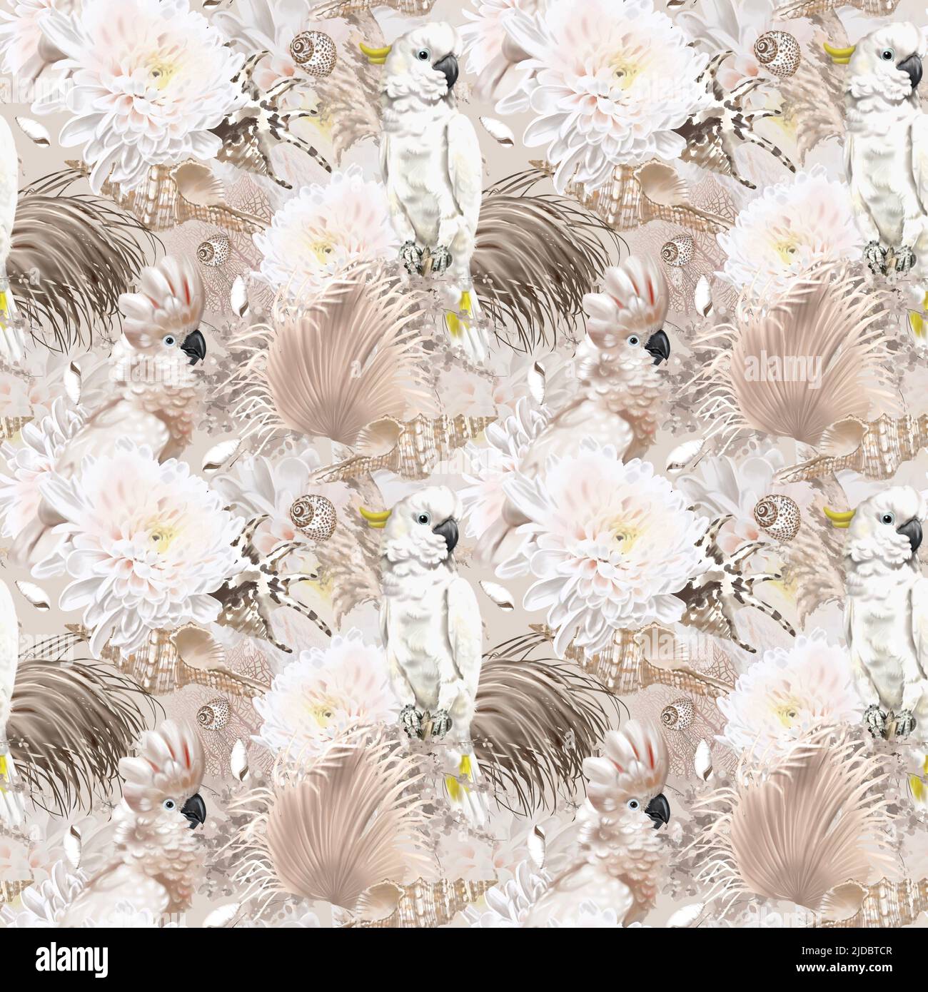 acquerello senza cuciture boho pattern. pappagalli, fiori e conchiglie. beige pattern Foto Stock