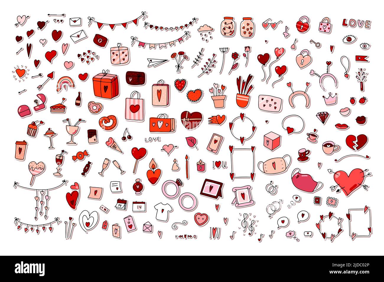 Set adesivi Doodle Valentines Day. Simboli d'amore disegnati a mano isolati su sfondo bianco. Carino biglietto d'auguri, busta, regalo, accessori con cuore. B Illustrazione Vettoriale
