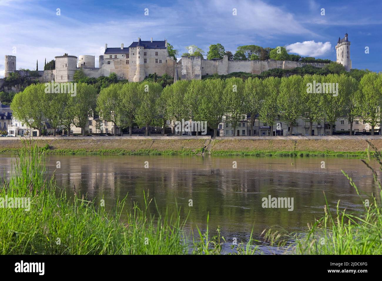 Francia, Indre-et-Loire Chinon la fortezza reale dalle rive della Vienne Foto Stock