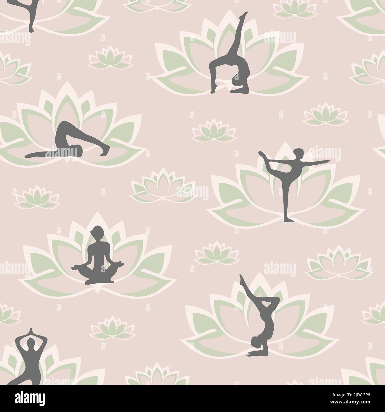 Pattern vettoriale senza cuciture con pose yoga e fiore di loto su sfondo rosa chiaro. Carta da parati Zen con silhouette femminile. Illustrazione Vettoriale