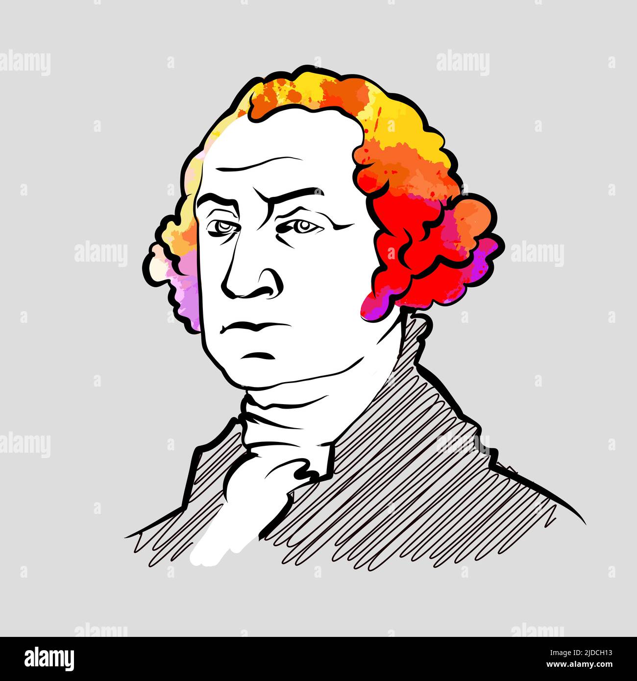 George Washington disegno vettoriale colorato dei capelli. Schizzo del contorno disegnato a mano. Disegno da utilizzare su qualsiasi progetto di marketing e per la rivendita come stampa. Illustrazione Vettoriale
