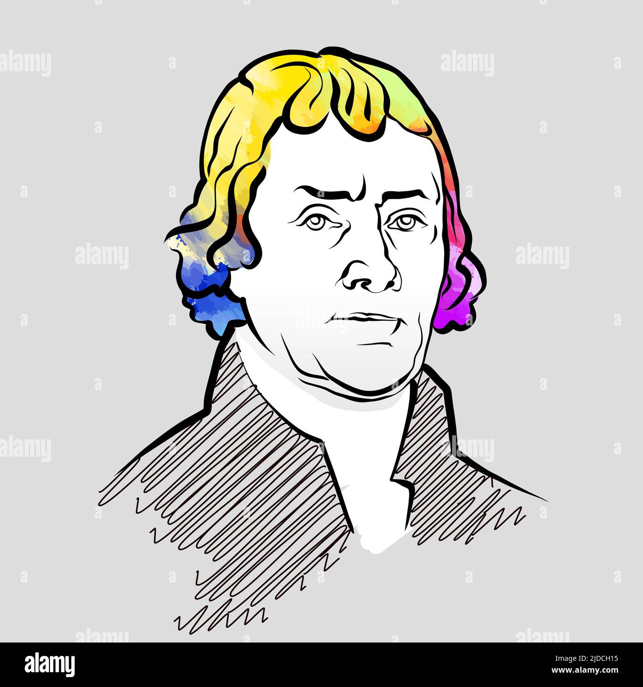 Thomas Jefferson disegno vettoriale colorato dei capelli. Schizzo del contorno disegnato a mano. Disegno da utilizzare su qualsiasi progetto di marketing e per la rivendita come stampa. Illustrazione Vettoriale