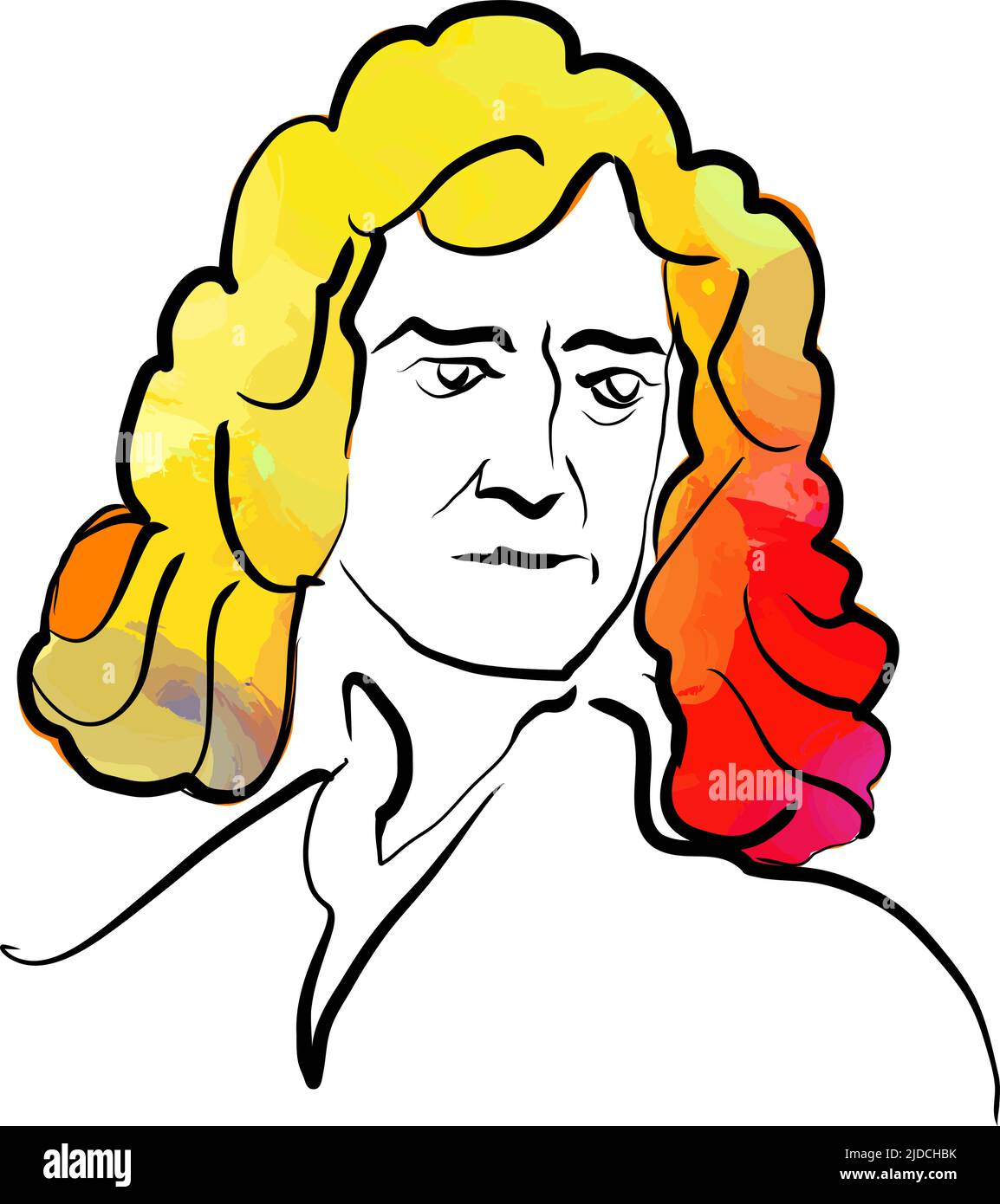 Isaac Newton disegno vettoriale colorato dei capelli. Schizzo del contorno disegnato a mano. Disegno da utilizzare su qualsiasi progetto di marketing e per la rivendita come stampa. Illustrazione Vettoriale