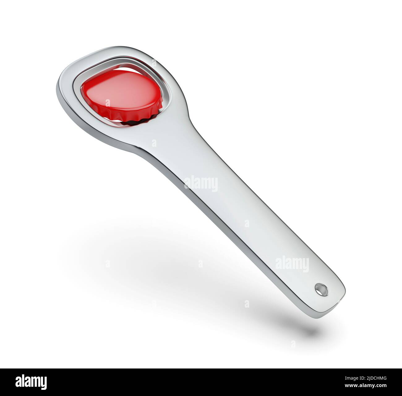 Tappo rosso per birra e apribottiglie argentato su sfondo bianco Foto Stock