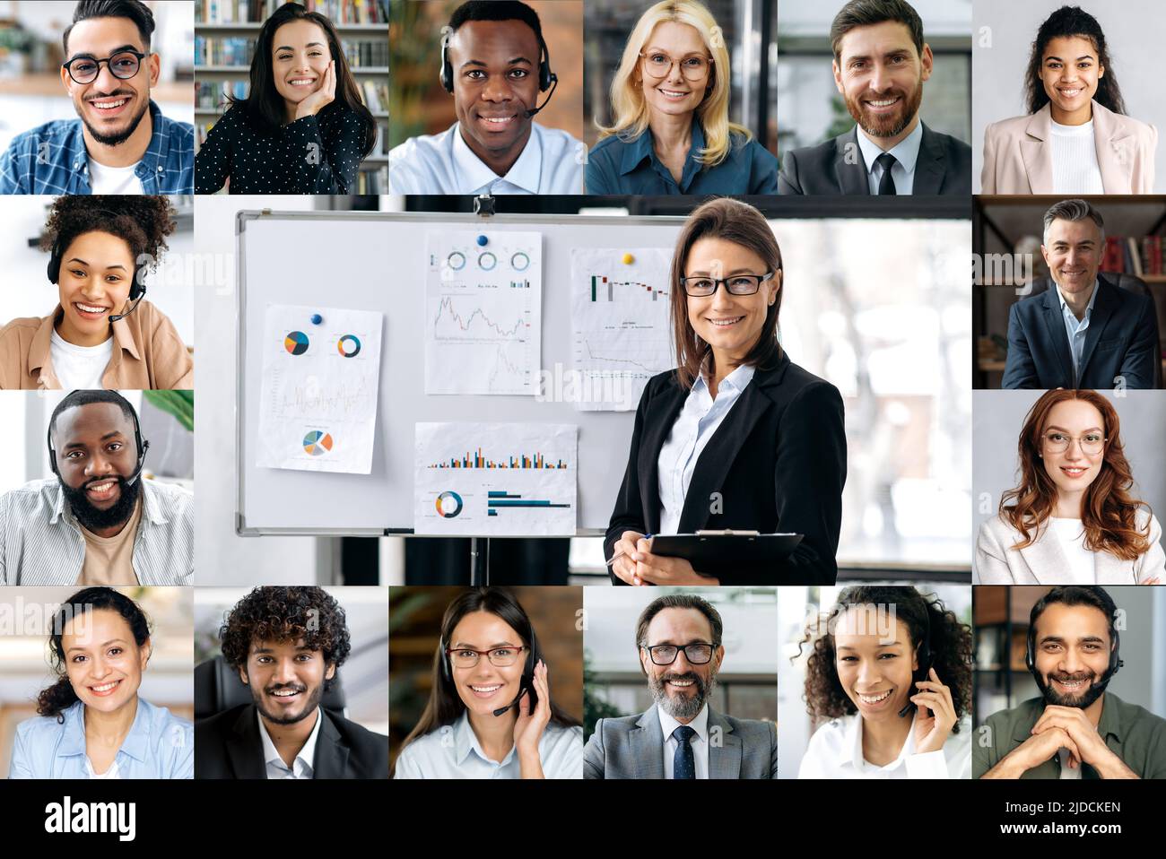 Collage di un gruppo di persone diversity durante una videoconferenza online. Volti di persone multirazziali, diverse età e nazionalità, guardando la macchina fotografica sorridente, durante un brainstorm finanziario remoto Foto Stock