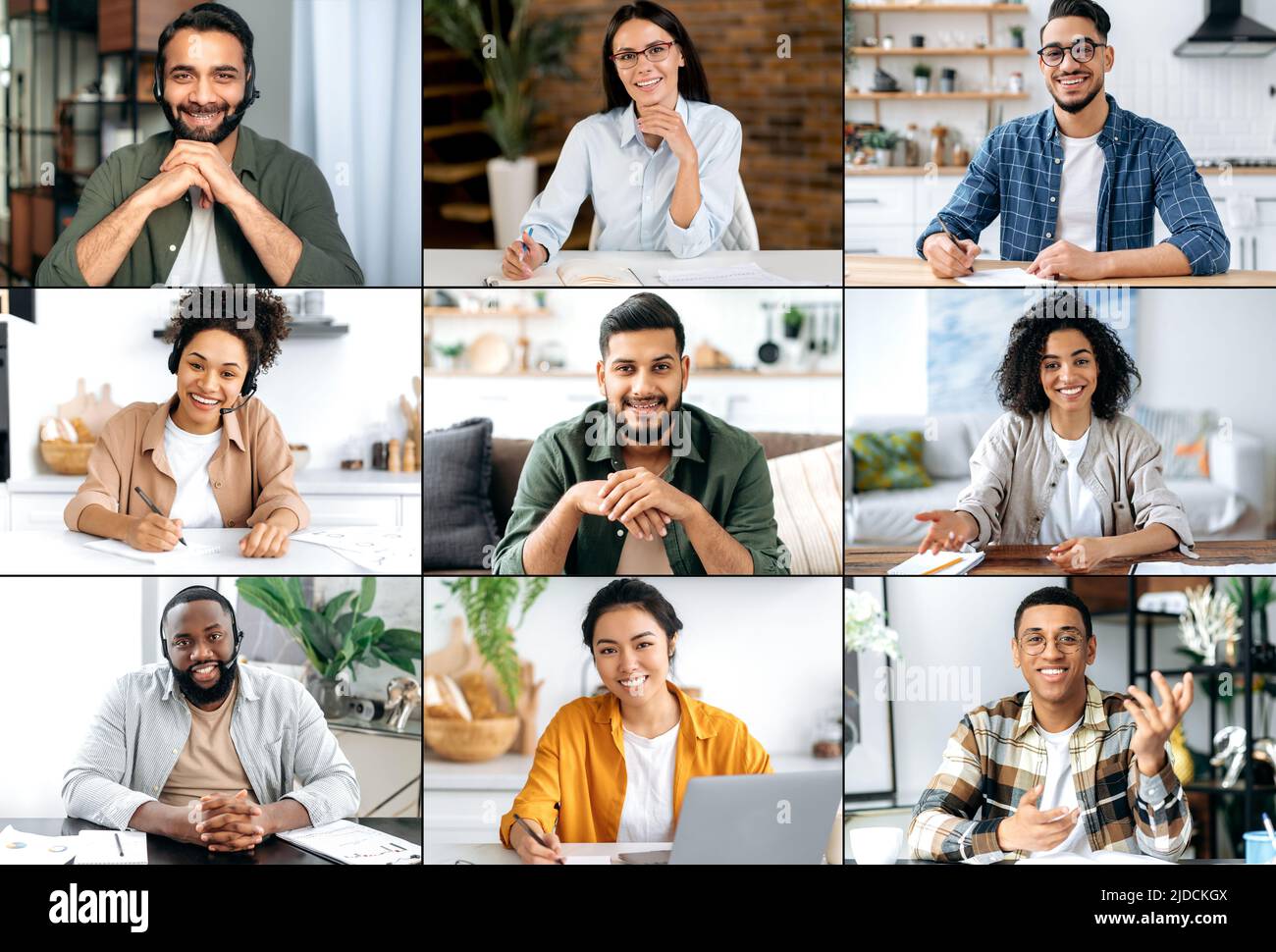 Collage di un gruppo di giovani adulti moderni multirazziali, freelance positivi o studenti che guardano la macchina fotografica sorridendo amichevole. Volti di uomini e donne felici di diverse nazionalità Foto Stock