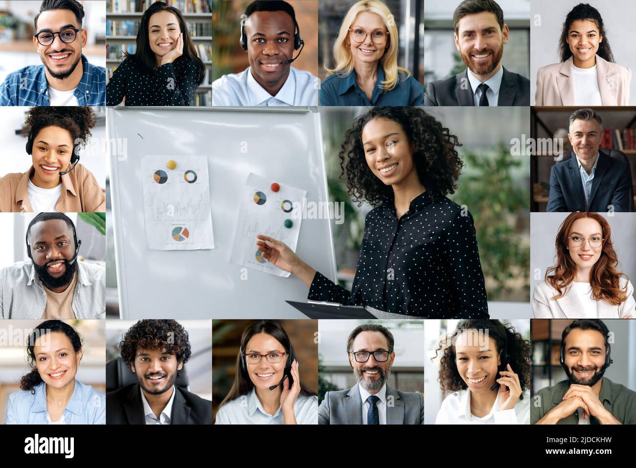 Collage di una gente multirazziale con leader di successo di affari afro-americani nel centro. Un sacco di volti di uomini d'affari, esperti finanziari, guardando la fotocamera, sorriso amichevole Foto Stock