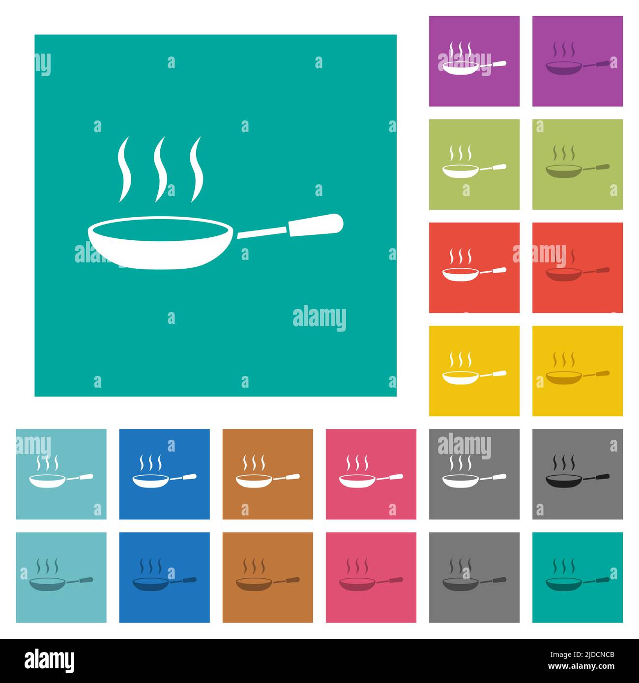 Padella per cottura a vapore con icone piatte multicolore su sfondi quadrati. Sono incluse le variazioni delle icone bianche e scure per gli effetti del passaggio del mouse o attivi. Illustrazione Vettoriale