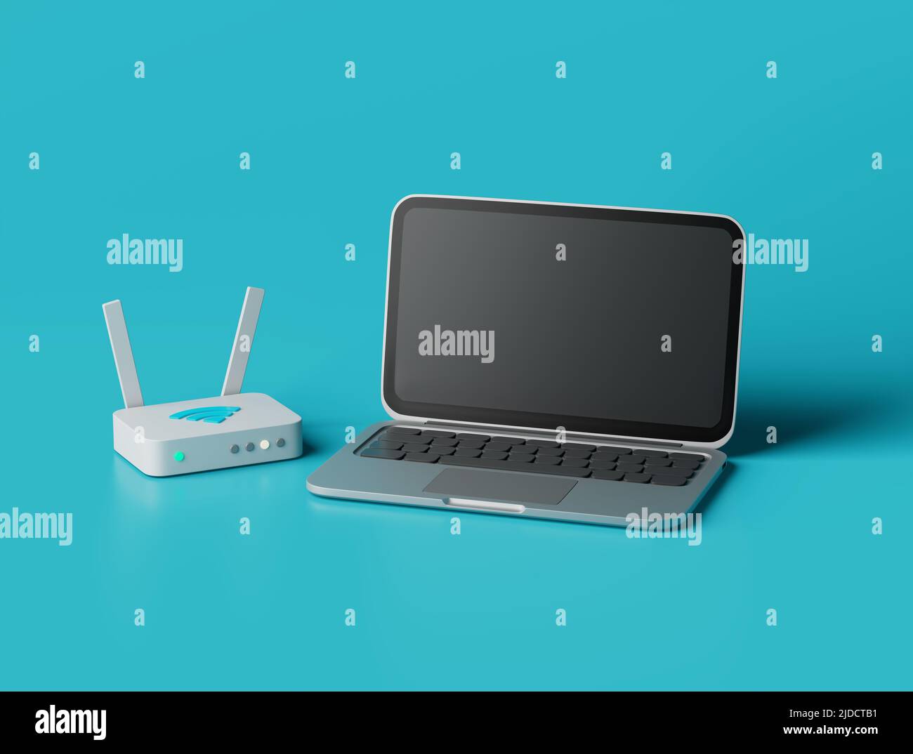 Semplice router wifi e un laptop aperto 3D rappresentazione illustrazione. Oggetto isolato in background Foto Stock