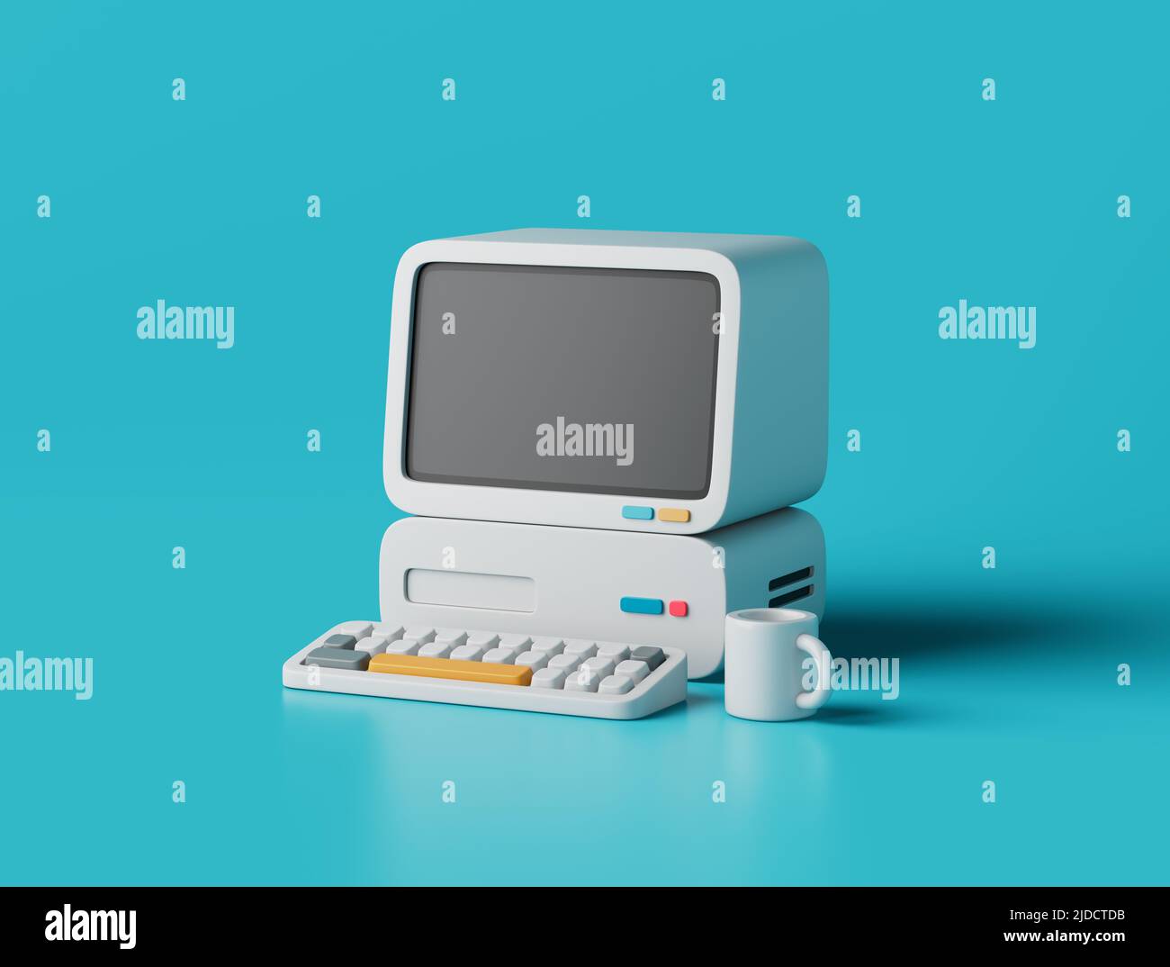 Semplice personal computer retrò con illustrazione di rendering Cup 3D. Oggetto isolato in background Foto Stock