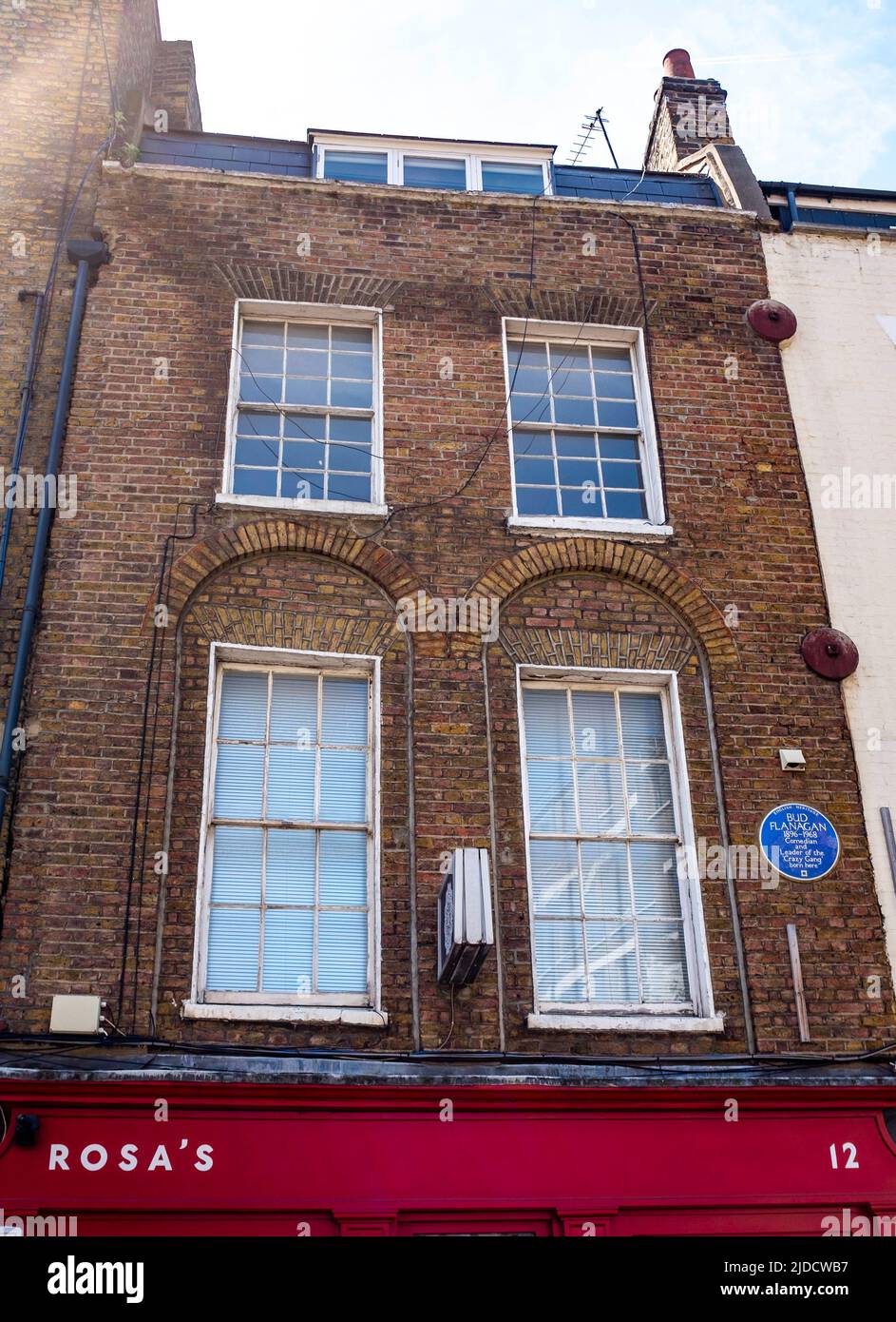 L'ex casa di Bud Flanagan a 12 Hanbury Street , Spitafields nel East End di Londra , Inghilterra parte britannica della torre Hamlets Borough Inghilterra Foto Stock