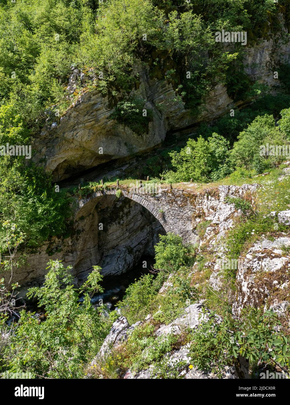 Il ponte di Palioyefiro, risalente al 9th secolo, è il più antico ponte della regione di Zagori in Grecia Foto Stock