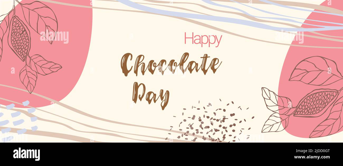 Carta o banner Happy Chocolate Day in stile boho. Scritta a forma di scarabocchio con cioccolato Happy Chocolate Day con gocce di cioccolato e patatine al cioccolato. Illustrazione vettoriale Illustrazione Vettoriale