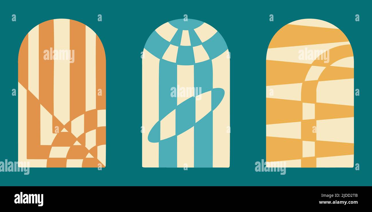 Poster boho con motivi geometrici minimalistici, arte da parete, finestra ad arco con forme geometriche astratte. Pittura minimalistica per la decorazione delle camere. Estetica dell'arco e illustrazione vettoriale dell'architettura Illustrazione Vettoriale