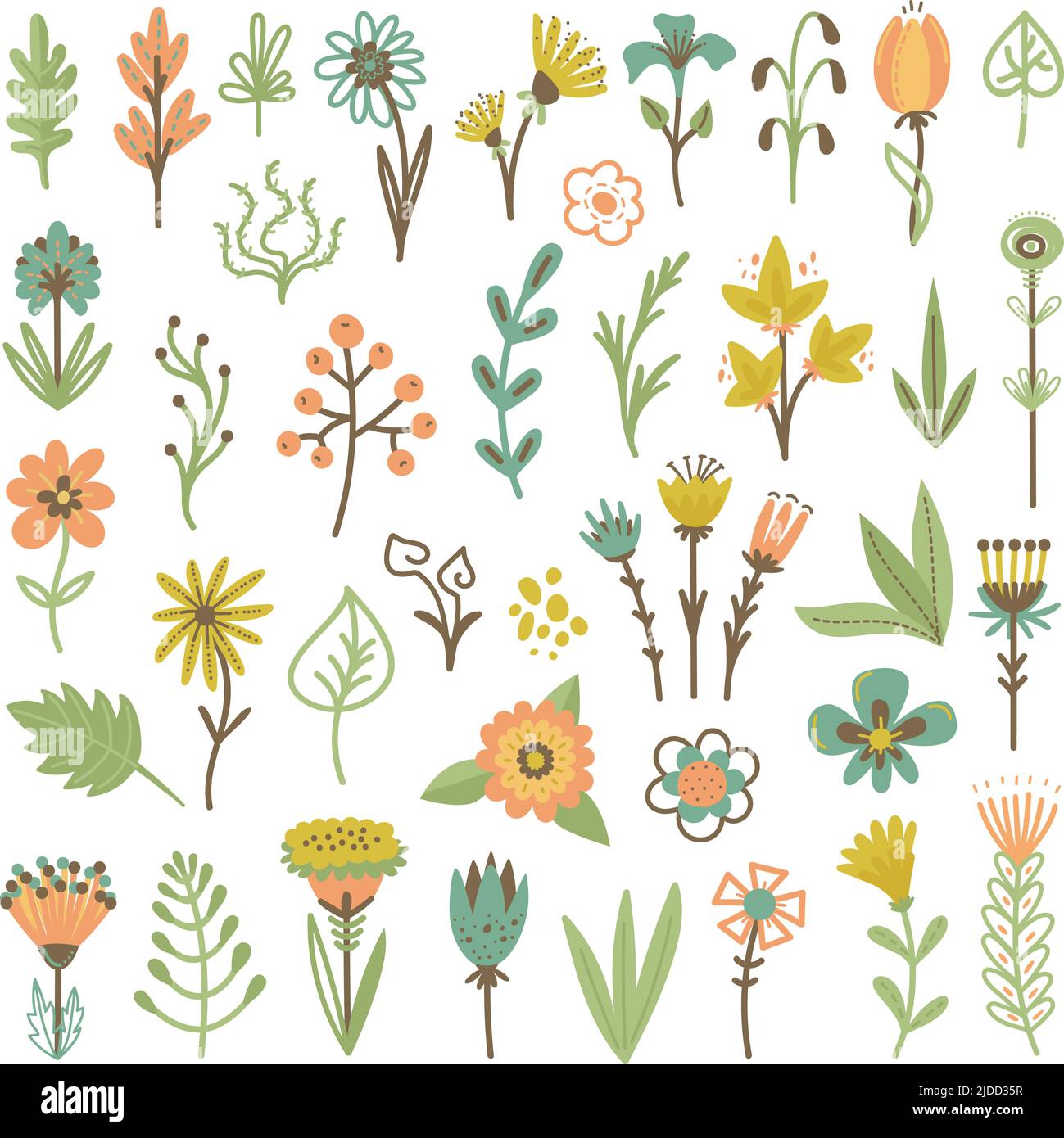 Astratto rami di fiori scandinavi. Fiori d'arte clipart, snowdrop e scaster, camomilla decorativa. Botanica fiori isolati elementi neoterici Illustrazione Vettoriale