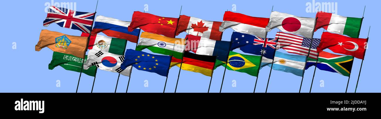G20 concetto di riunione o vertice. Una stringa di G20 bandiere e un elenco di paesi Foto Stock