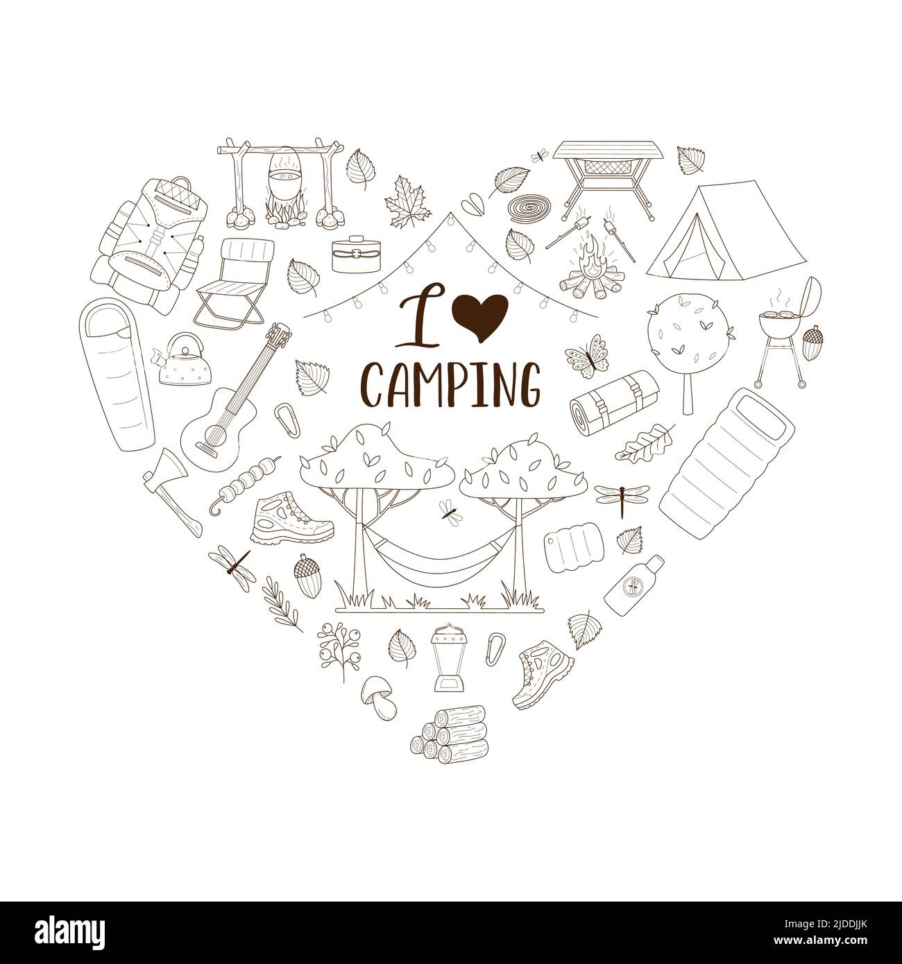 Doodle set di attrezzature turistiche per viaggi, pic-nic, campeggio, attività ricreative all'aperto. Composizione a forma di cuore come stampa su vestiti, cartoline, web design. Illustrazione Vettoriale