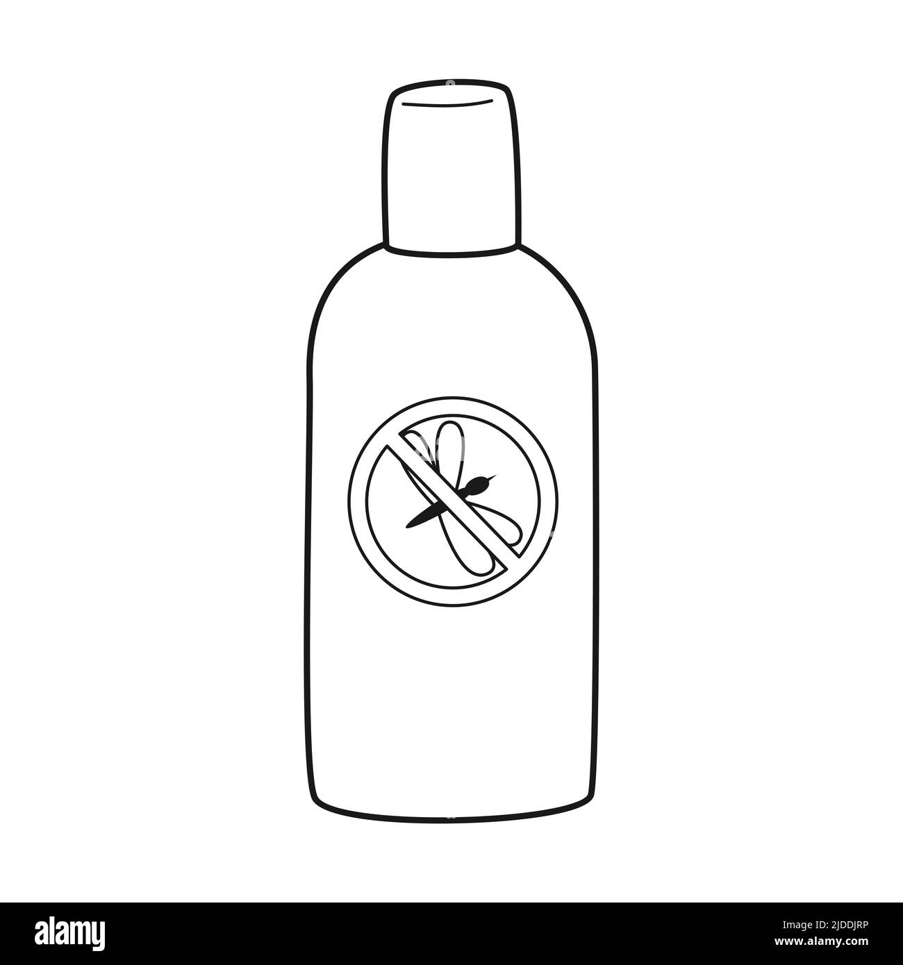 Repellente per zanzare Doodle. Tasca spray con una zanzara bloccata da un segno di divieto. Insetticida per campeggio, escursioni, viaggi. Contorno bianco nero Illustrazione Vettoriale