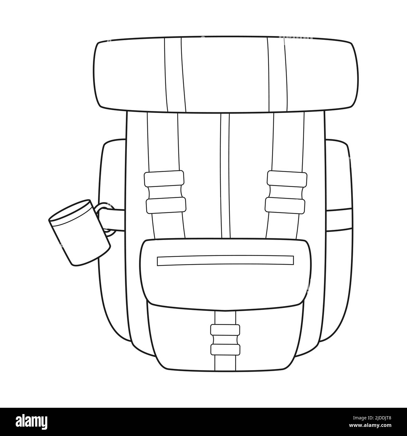 Zaino Doodle Tourist con una tazza e un tappeto turistico. Attrezzature per pesca, turismo, viaggi, campeggio, escursioni. Contorno bianco e nero vettore illustrazione Illustrazione Vettoriale