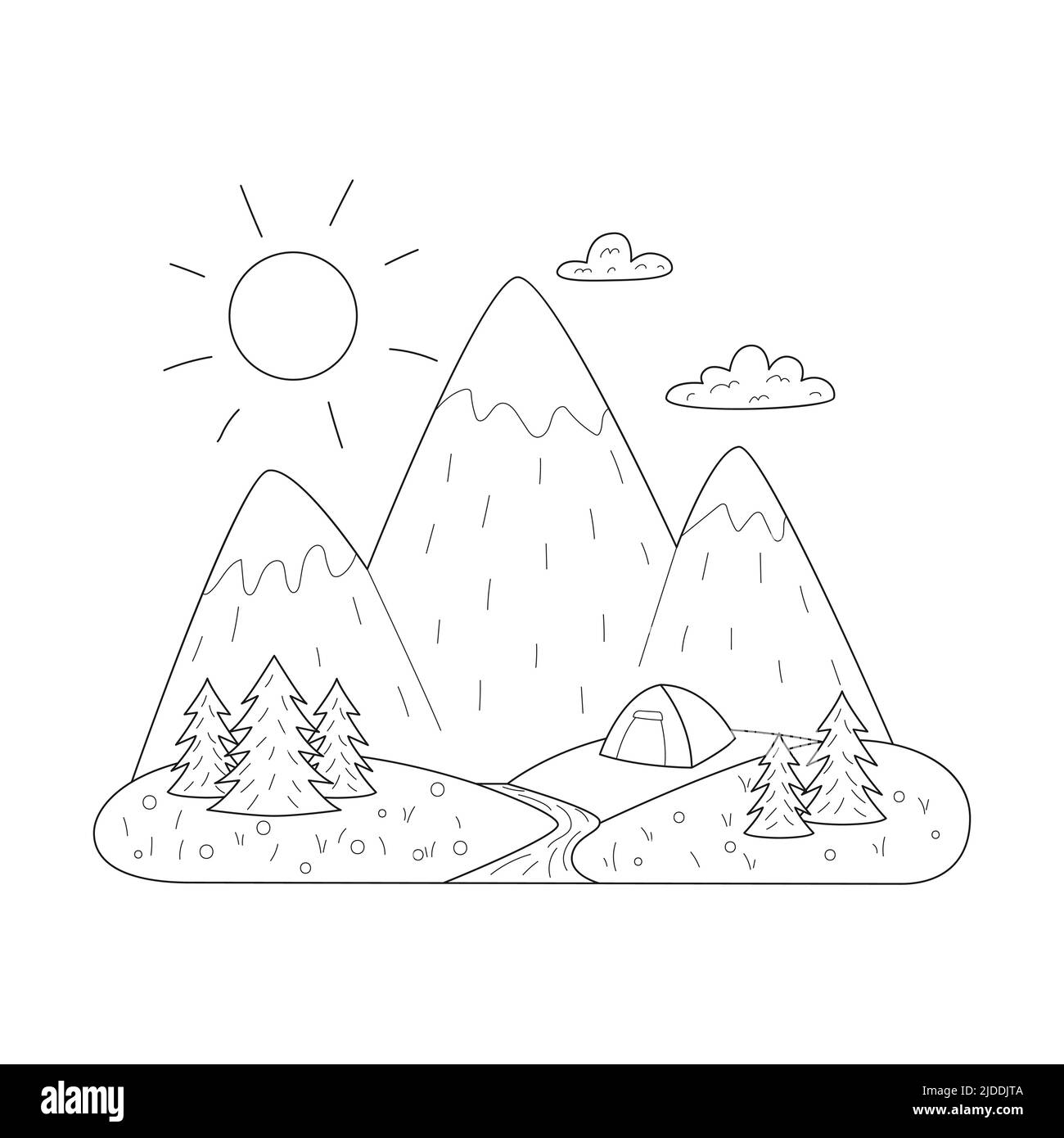 Montagne, fiume, abeti e una tenda all'orizzonte. Semplice paesaggio estivo in stile doodle. Attività ricreative all'aperto, escursioni, campeggio, turismo. Contorno Illustrazione Vettoriale