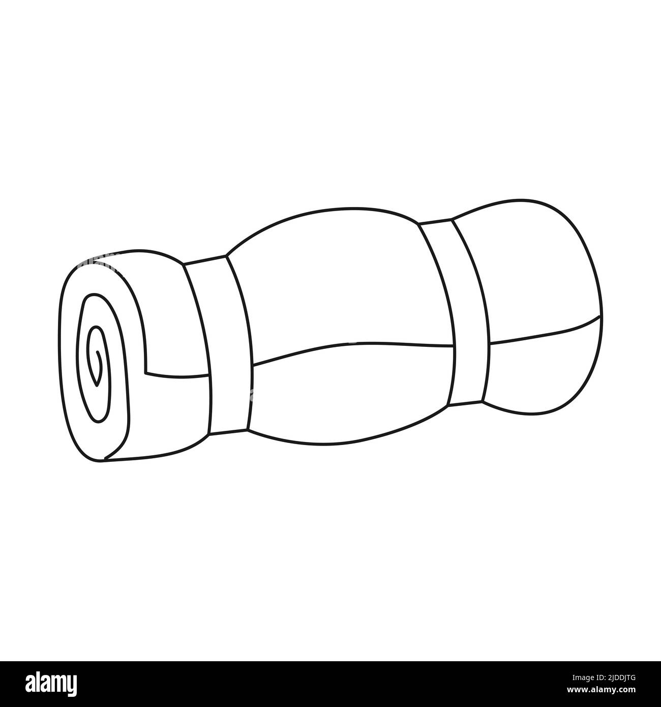 Coperta turistica Doodle, tappeto, legato con cinghie. Attrezzature per pesca, turismo, viaggi, campeggio, escursioni. Contorno bianco e nero illustrazione vettoriale è Illustrazione Vettoriale