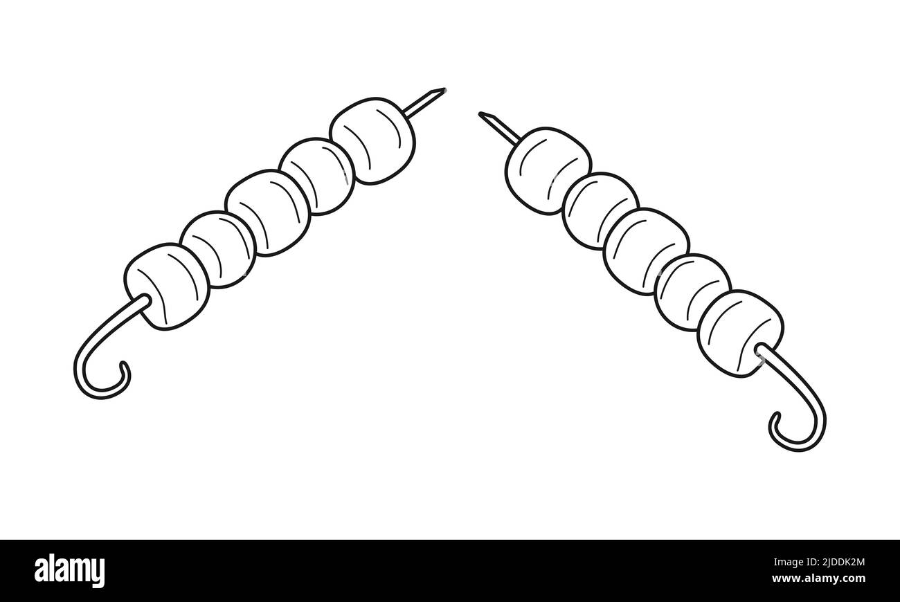 Grigliate sui spiedini. Carne alla griglia su carboni. Cibo preparato al campeggio, escursioni, viaggi, picnic. Un piatto di cucina caucasica. Contorno nero Illustrazione Vettoriale