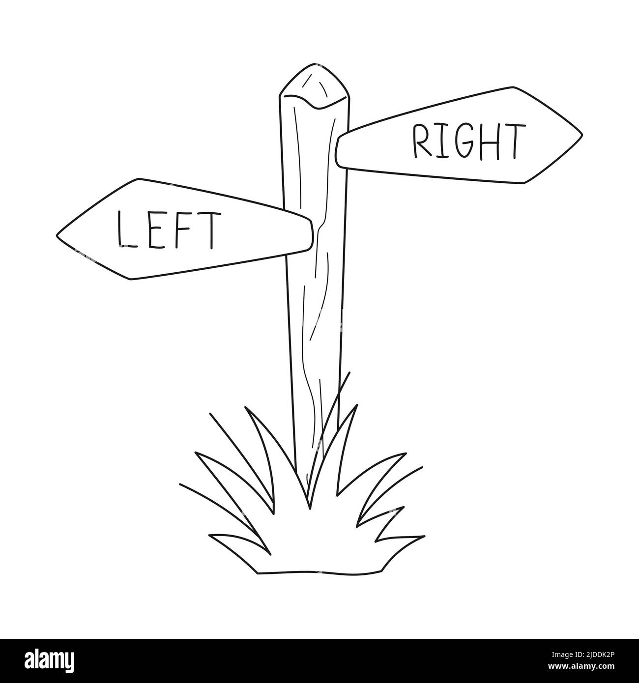 Cartello foresta di legno Doodle, cartelli, guide con un puntatore - a sinistra e a destra. Mostra la direzione. Il puntatore del percorso. Contorno bianco e nero Illustrazione Vettoriale