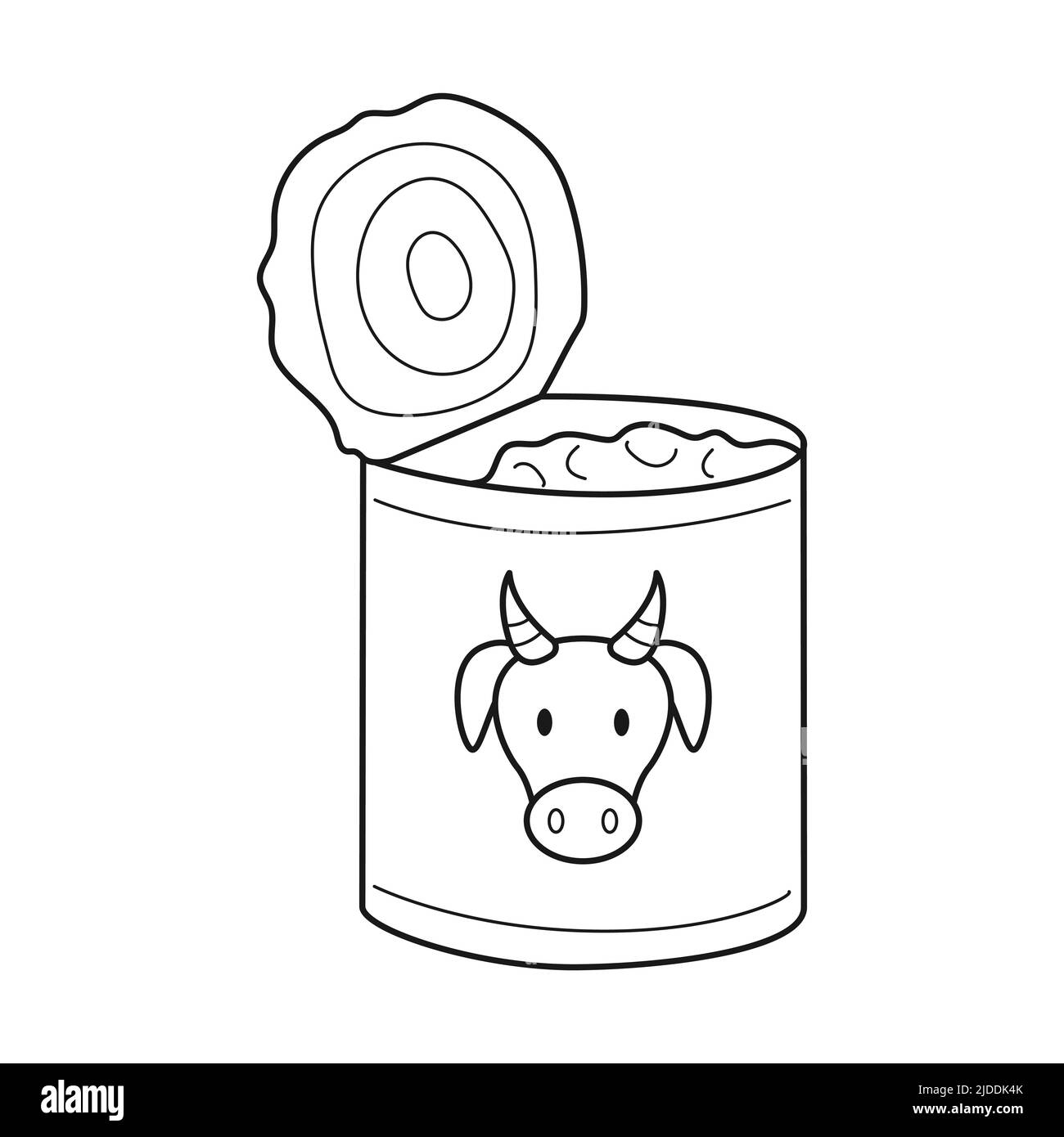 Stoppate una lattina aperta con lo stufato di manzo. Cibo, razioni secche per le condizioni del campo, campeggio, escursioni, viaggi. Tracciare il contorno in bianco e nero dell'illustrazione vettoriale Illustrazione Vettoriale