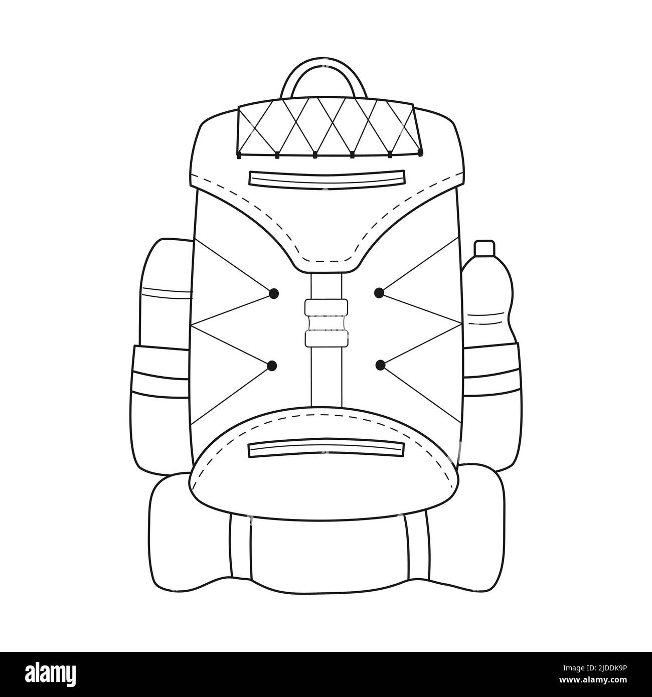 Zaino Doodle Tourist con thermos, bottiglia e tappetino da viaggio. Attrezzature per pesca, turismo, viaggi, campeggio, escursioni. Contorno vettore bianco e nero i Illustrazione Vettoriale