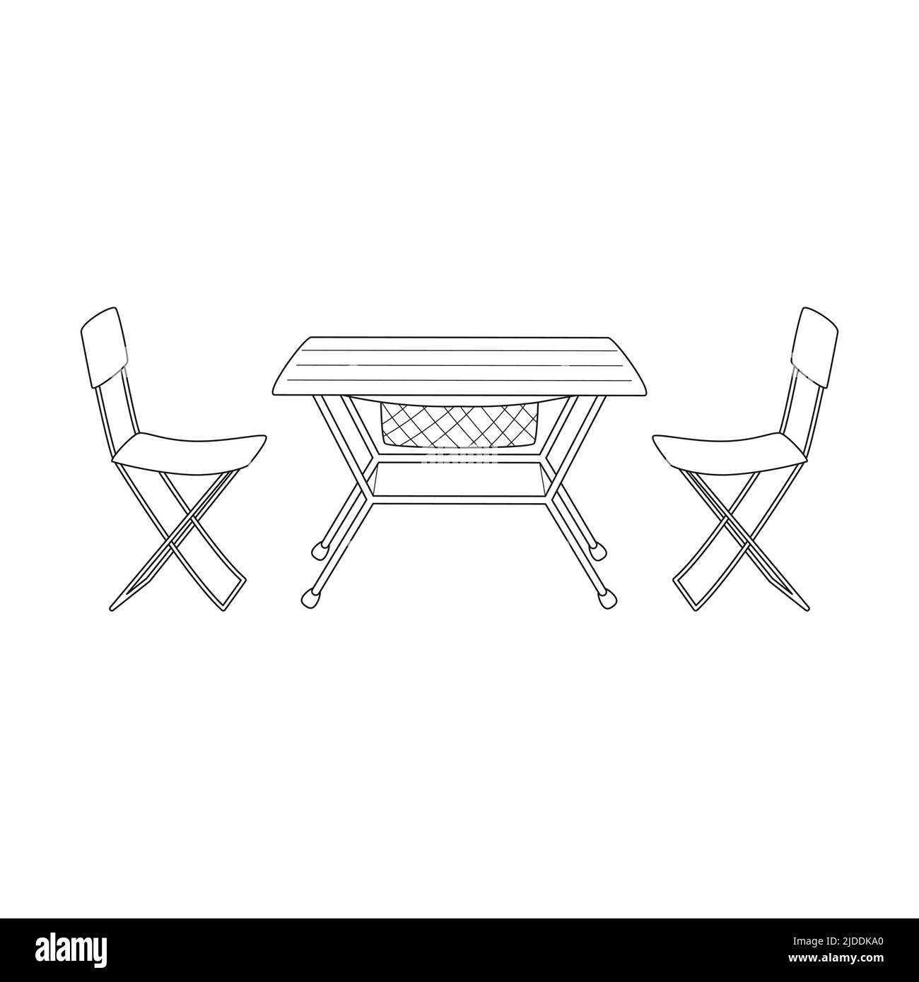 Doodle Camping tavolo pieghevole e sedie. Mobili turistici per pic-nic, attività ricreative all'aperto, riposo in natura. Contorno del vettore bianco e nero disegnato a mano Illustrazione Vettoriale