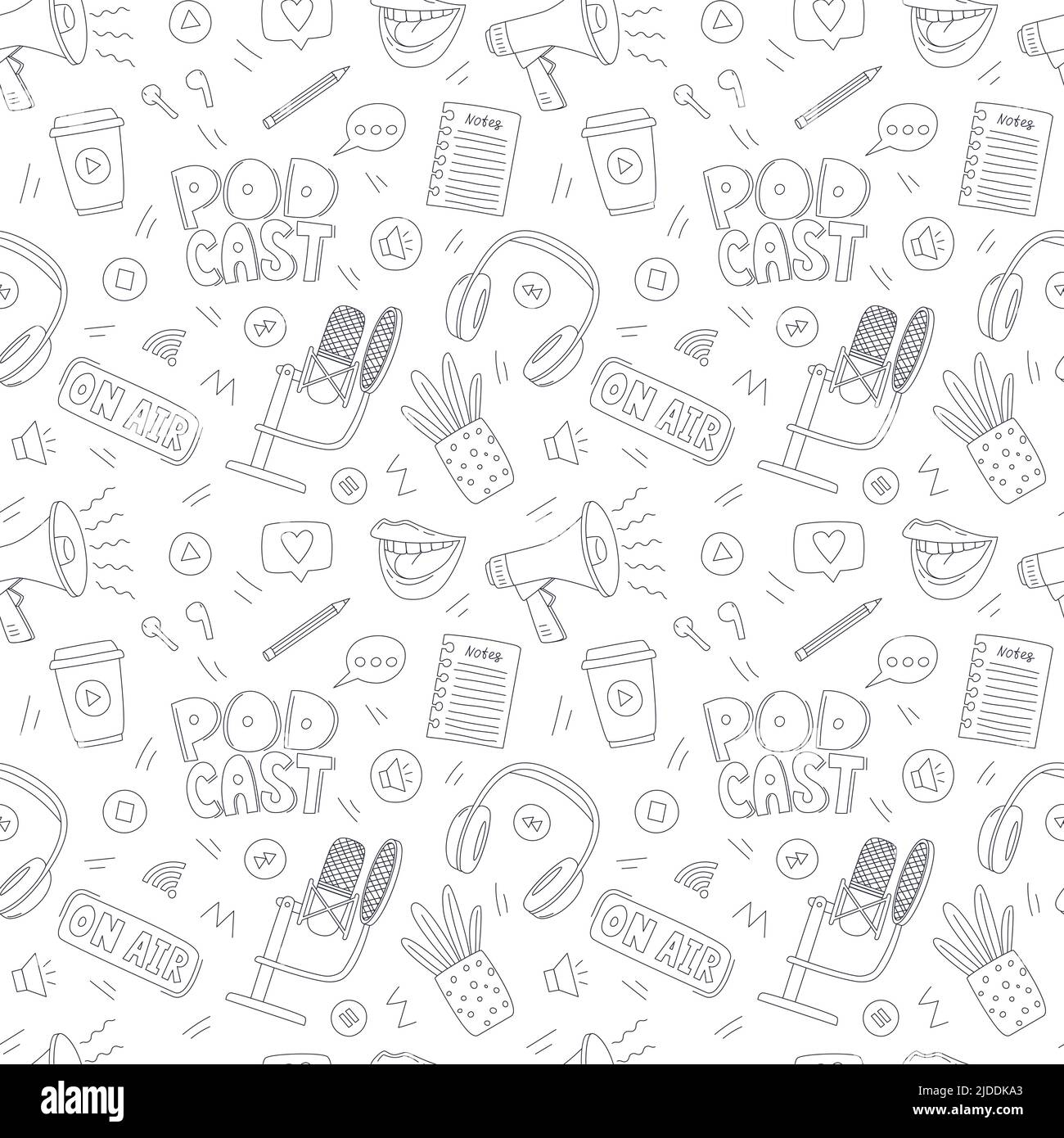 Pattern senza giunture con elementi doodle per show online, podcast, radio. Profilo microfono disegnato a mano, cuffie, bocca femmina, vaso fiore. Nero AN Illustrazione Vettoriale