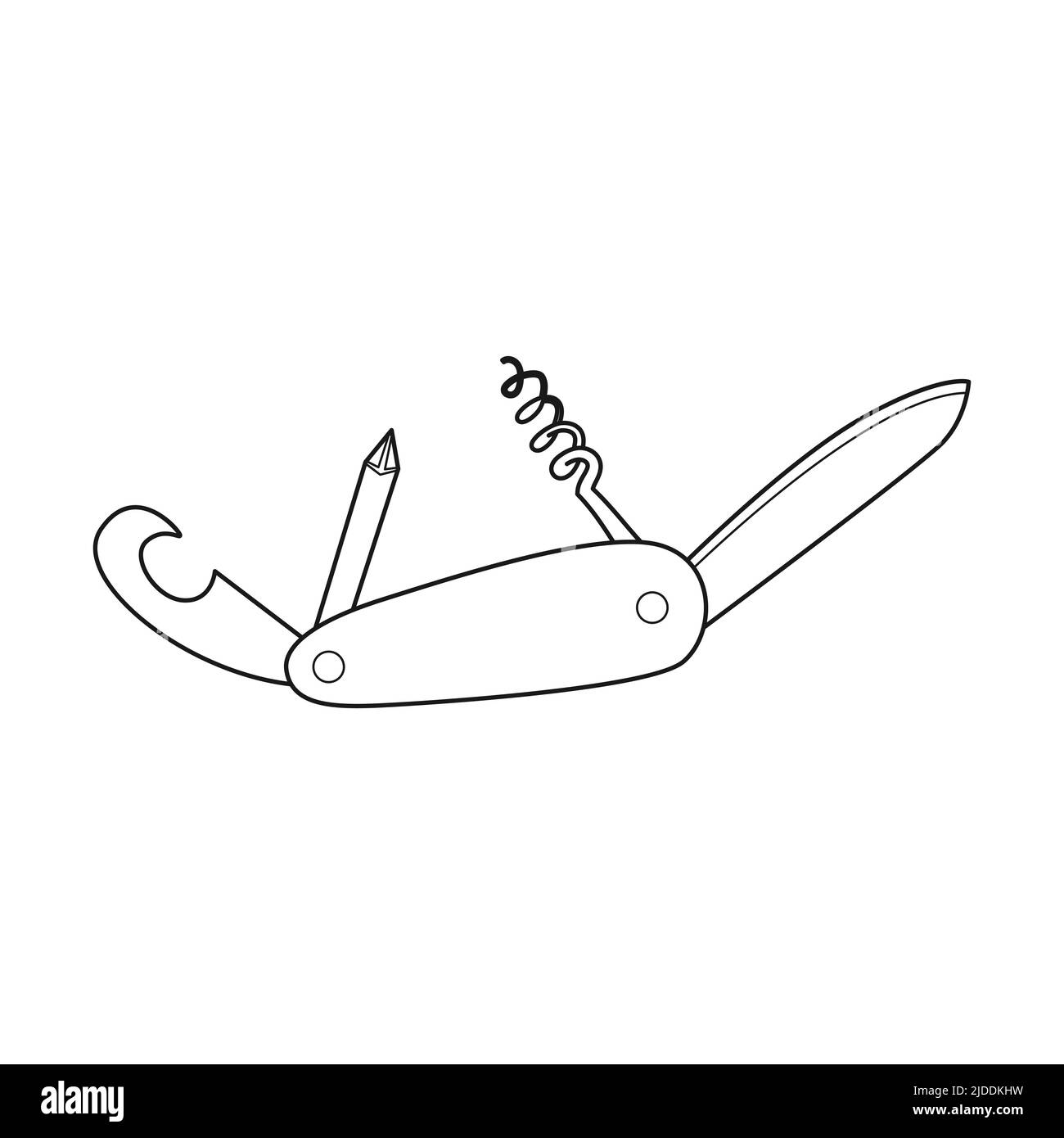 Coltello svizzero Doodle, multitool, coltello da tasca multifunzione. Attrezzature per pesca, turismo, viaggi, campeggio, escursioni. Contorno vettore bianco e nero i Illustrazione Vettoriale