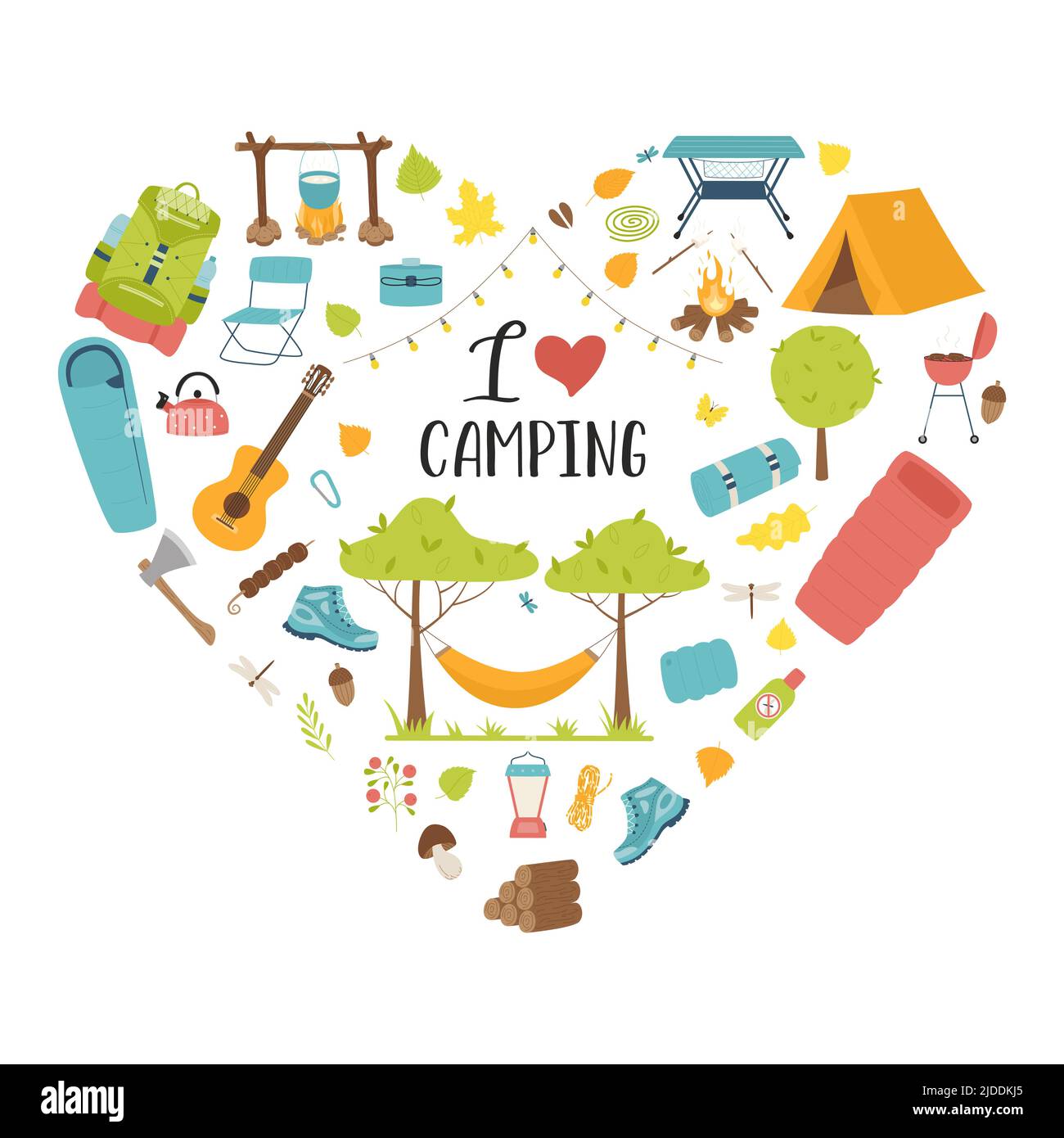 Set di attrezzature turistiche per viaggi, pic-nic, campeggio, attività ricreative all'aperto. Composizione a forma di cuore come stampa su vestiti, cartoline, web design. V piatta Illustrazione Vettoriale