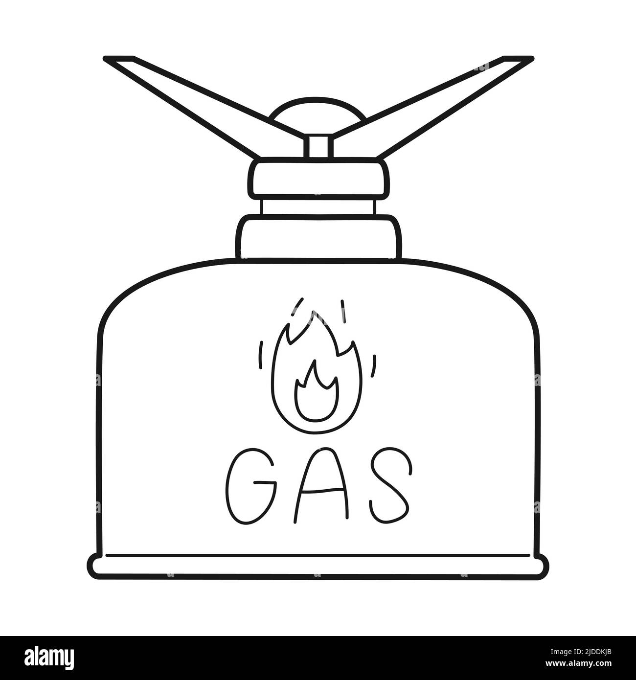 Bombola di gas Doodle e bruciatore a gas. Campeggio Fornello all'aperto. Attrezzatura per cucinare a piedi, in viaggio, in campeggio. Inventario turistico. Contorno nero e w Illustrazione Vettoriale